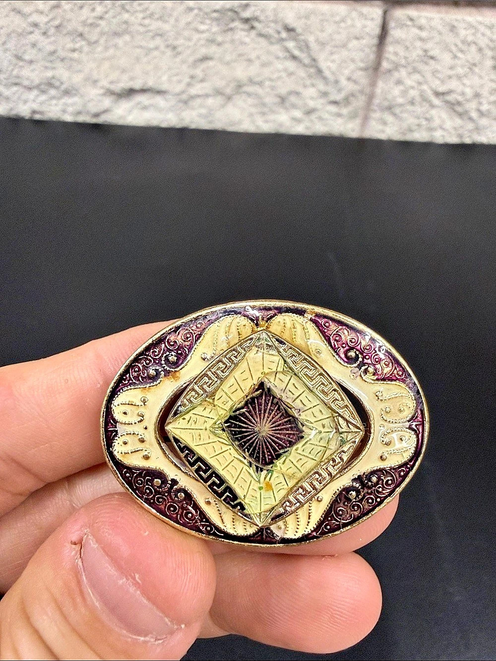 Vintage Ornate Oval Brooch Gold Tone Purple Enamel Geometric Starburst Pin